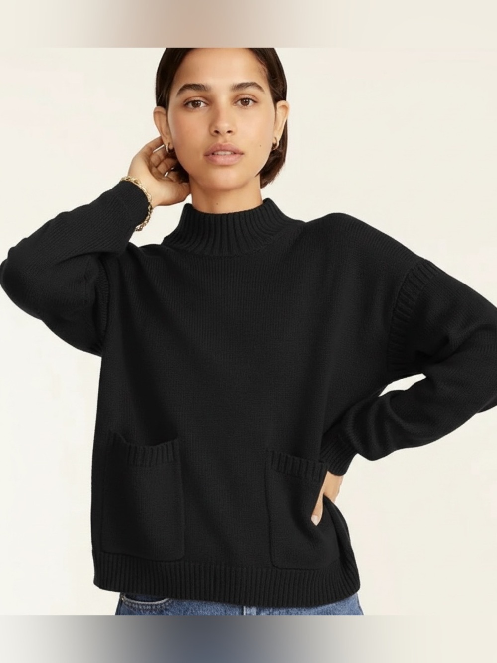 J Crew Cotton-Cashmere Patch-Pocket Mockneck Sweater black size XS